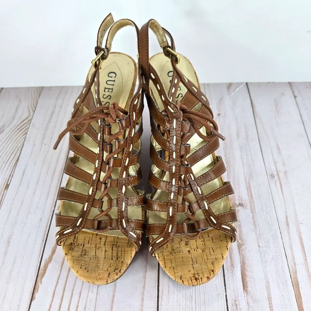 GUESS Gladiator Wedge Sandals Brown Leather Cork Women’s Size 9